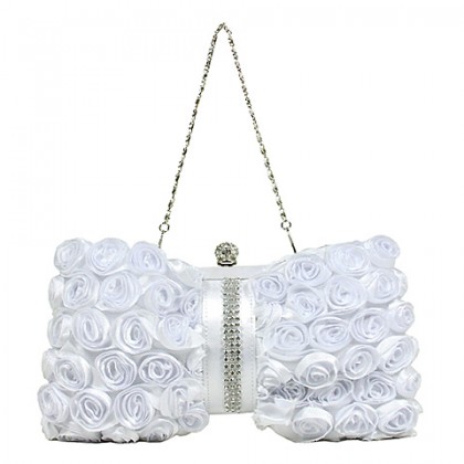 Evening Bag - 12 PCS - Rosettes w/ Linear Beads - White - BG-E20207-1WT